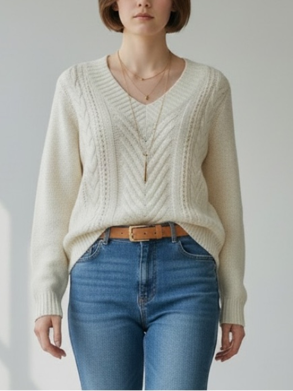 Ricki’s Ivory Cream Cable Knit Sweater V-Neck Soft Pullover Fisherman Small